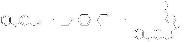 Etofenprox can be prepared by 1-(bromomethyl)-3-phenoxybenzene and tetrahydrofuran by irradiation
